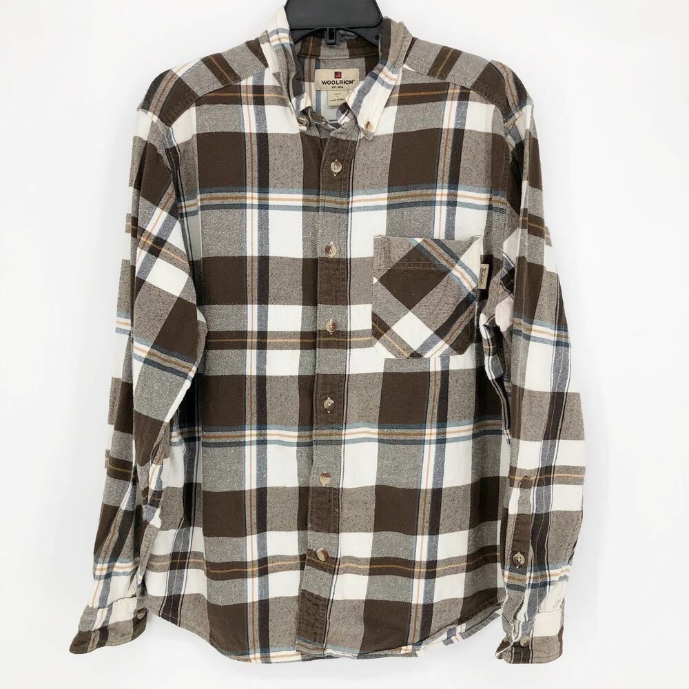 Woolrich Mens Shirt Large Brown White Plaid Button Up Flannel Long Sleeve